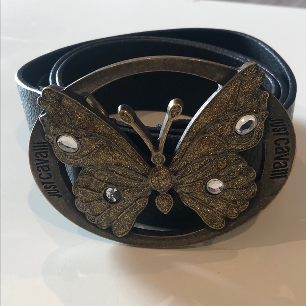 JUST CAVALLI BLACK LEATHER BELT BUTTERFLY BUCKLE